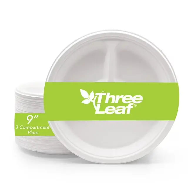 Three Leaf Compostable Bagasse 3 Comparment Round Plate 25ct 9"
