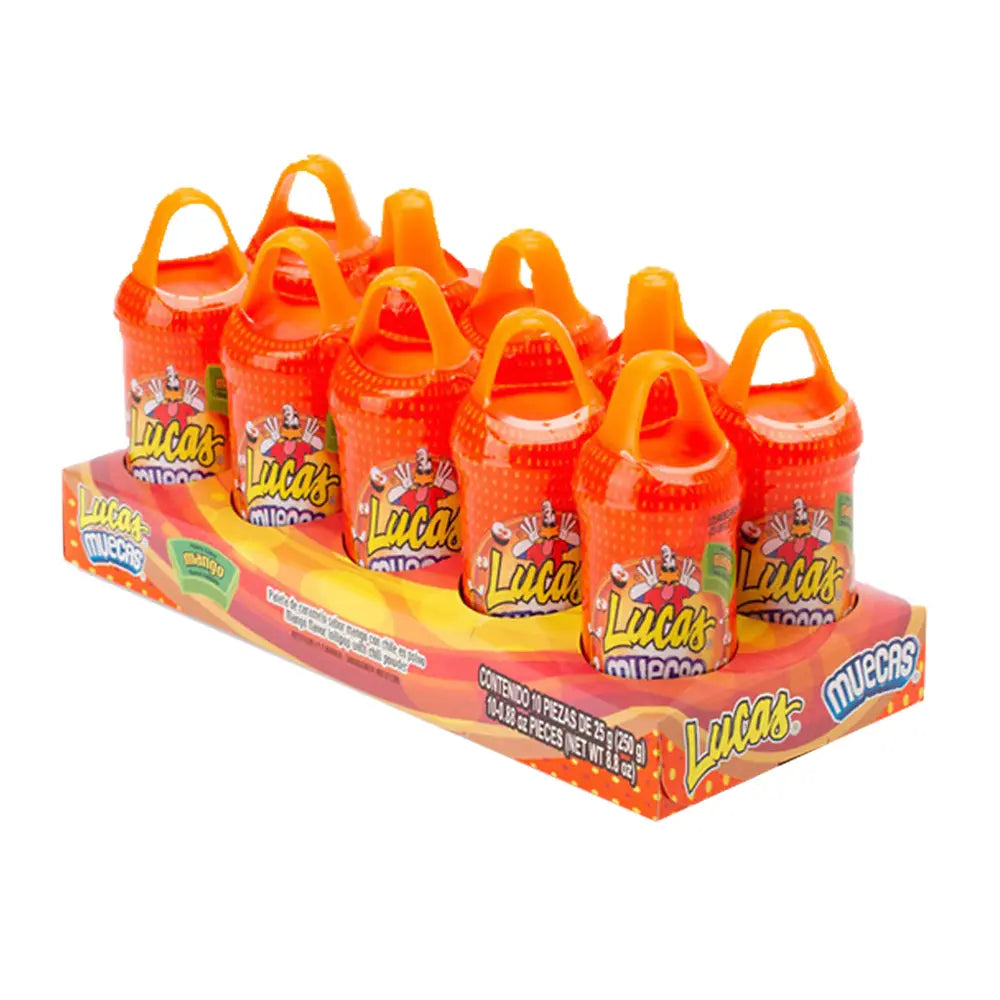 Wholesale Lucas Muecas Mango 10PC 88oz- Tangy and spicy mango-flavored candy sticks.