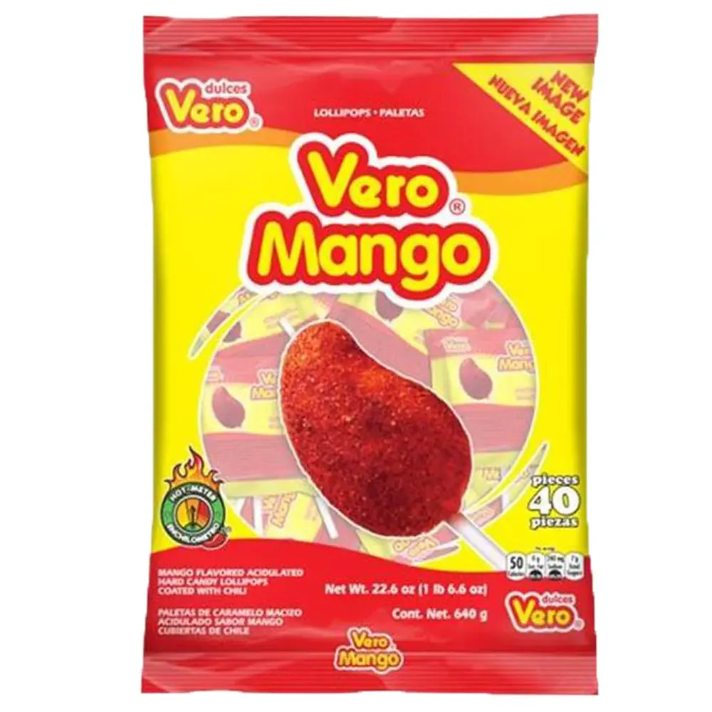 Wholesale Vero Mango Lollipop with Chili 40ct- Zesty mango-flavored lollipops with a spicy kick.