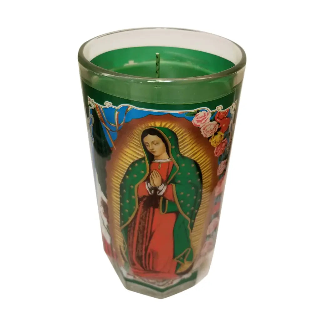 Wholesale La Virgen De Guadalupe Candle (Green, Large Cup)- Spiritual ambiance at Mexmax INC.
