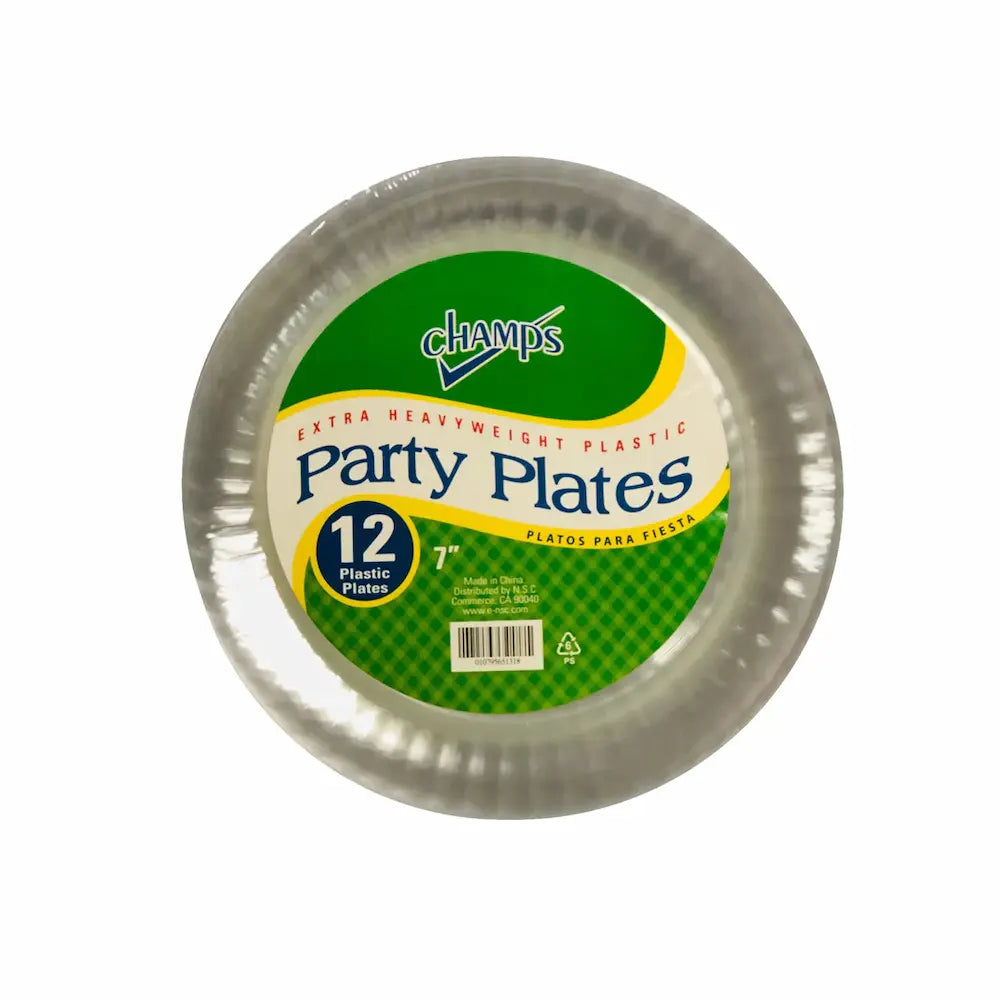 Wholesale Champs 7" Clear Polystyrene Plates 12ct. Elegant, durable diningware for gatherings.