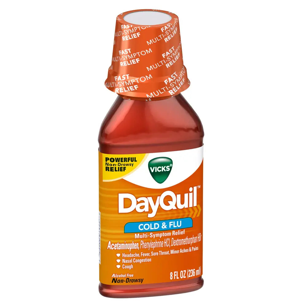 Wholesale DayQuil Cold & Flu Liquid 8oz - Fast relief for cold and flu symptoms. Available at Mexmax INC.