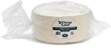 Three Leaf Bagasse 3 Compartment Round Plate 125ct 10"