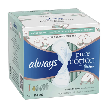 Always Pure Cotton Feminine Pads, size 1 reg w/wings unscented 14ct