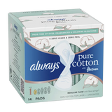 Always Pure Cotton Feminine Pads, size 1 reg w/wings unscented 14ct