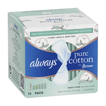 Always Pure Cotton Feminine Pads, size 2 Hvy Flow w/wings unscented 12 ct