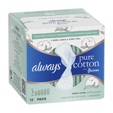 Always Pure Cotton Feminine Pads, size 2 Hvy Flow w/wings unscented 12 ct