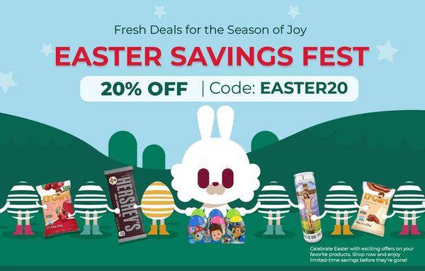 Promotional graphic for Easter Savings Fest with cartoon bunny and candy bars on a blue and green background.