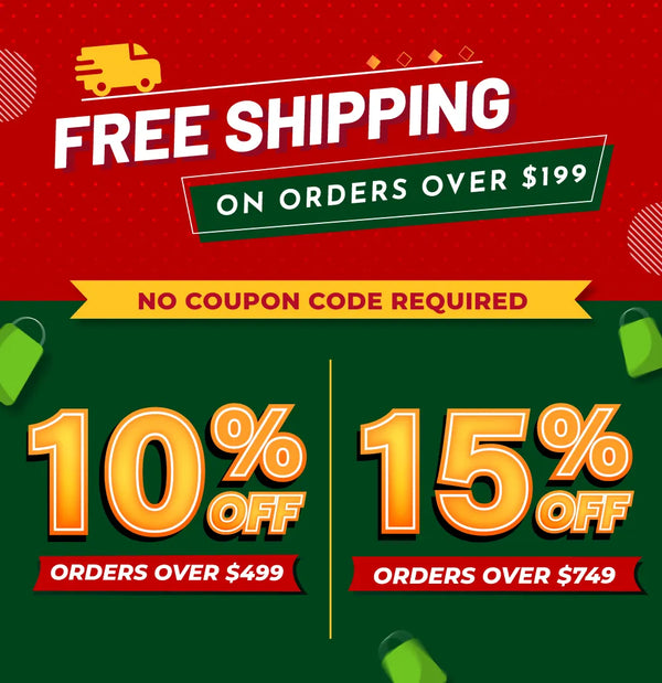 Promotional graphic with free shipping offer and discount percentages on a red and green background.